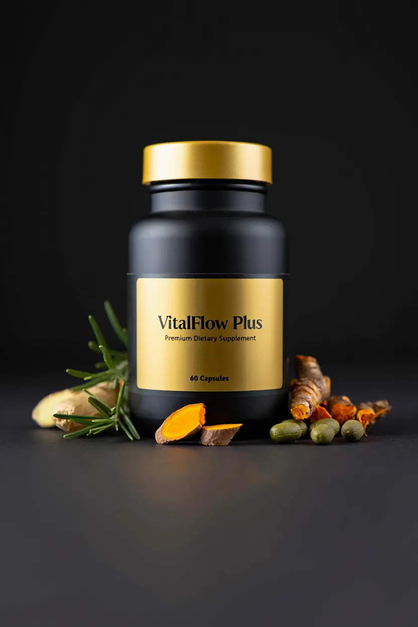 VitalFlow Plus dietary supplement bottle with natural ingredients